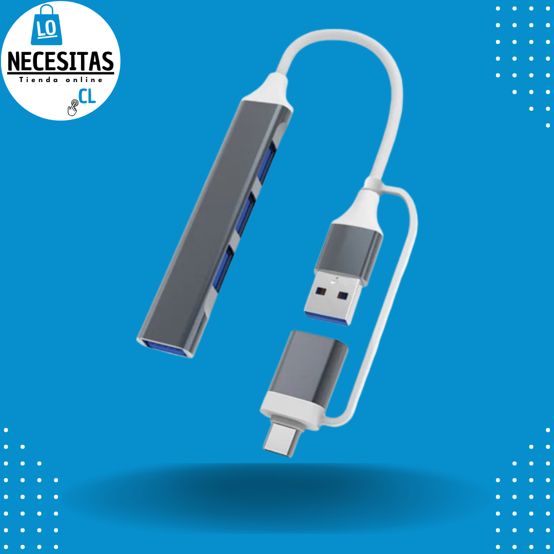 Hub adaptador de USB o USB-C a 4 puertos USB.