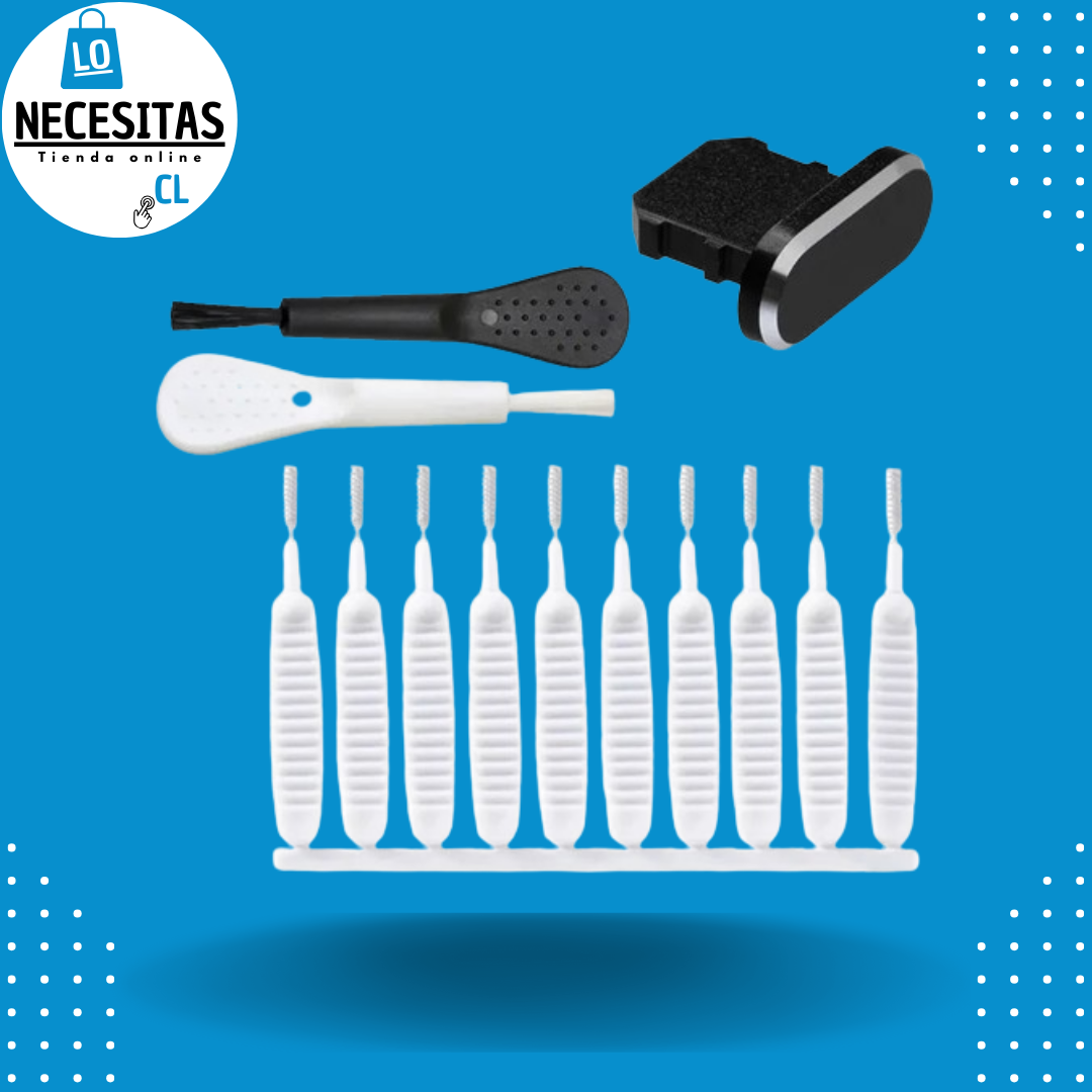 Este Kit trae todo lo que necesitas para mantener limpios los conectores y parlantes de tu teléfono y tus audífonos, necesario para no dañar los dispositivos.