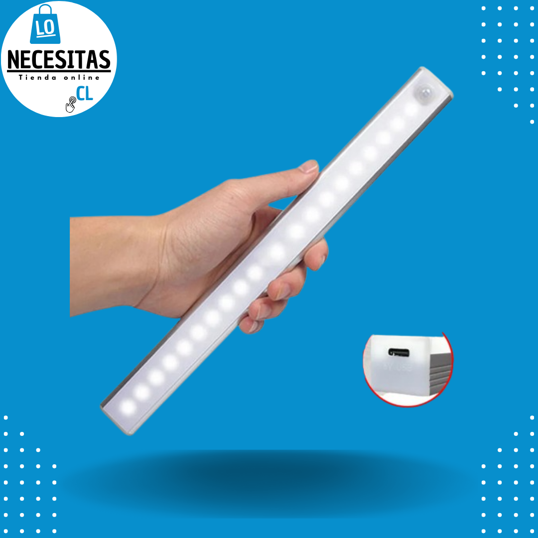 Luz LED de interior de 30cm de largo, recargable. Tiene opción de iluminación contínua o con sensor de movimiento. Adherencia mediante magnetismo y adhesivos 3M, para poder desmontarla fácilmente y cargarla.