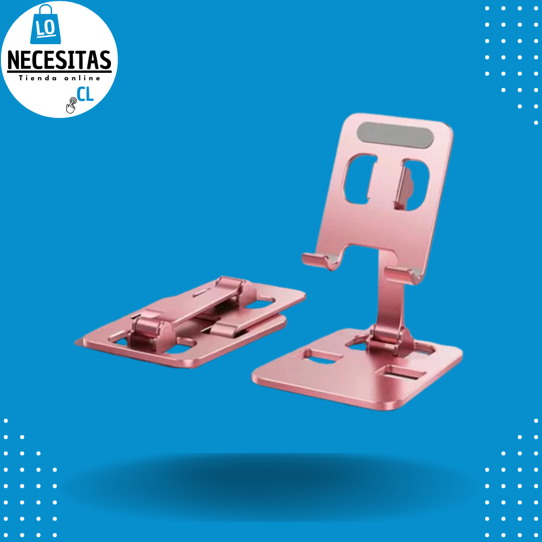 Soporte universal de aluminio de color rosado plegable y ajustables, fácil de transportar. Ideal para estudiar o trabajar con tu tablet, iPad o celular.
