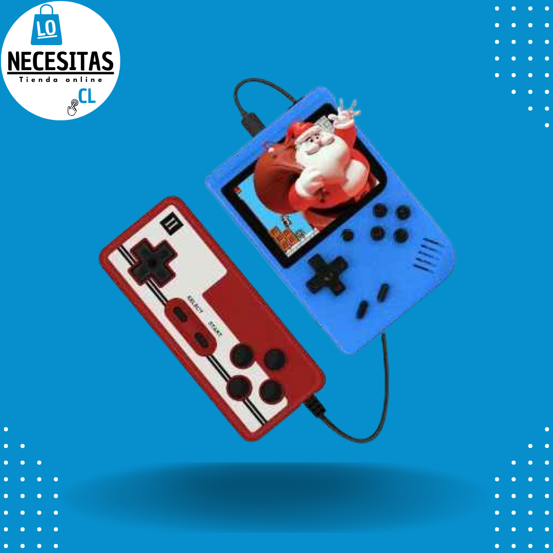 Consola de color azul, con control para 2 jugadores, viene incluido cable para conexión a televisor