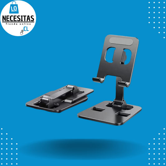Soporte universal de aluminio de color negro plegable y ajustables, fácil de transportar. Ideal para estudiar o trabajar con tu tablet, iPad o celular.